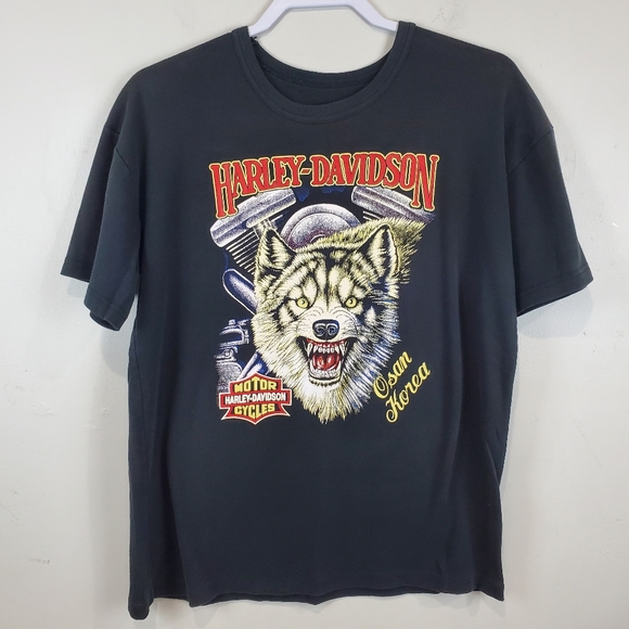 Vintage Harley Davidson Motorcycles WOLF SNARL Osan KOREA Black T Shirt M RARE - Picture 2 of 7